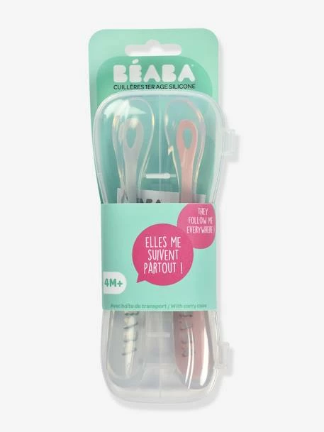 Lot De 2 Cuillères Ergonomiques D'apprentissage + Boîte De Transport BEABA Rose/gris - Beaba
